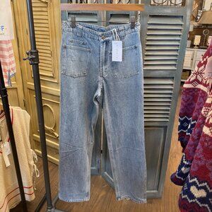 Aemi + Co High Waist Wide Leg Denim Pants with Patch Pockets